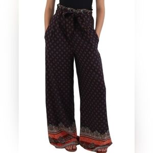 Gracia Navy Blue and Orange Printed Boho Wide Leg Paperbag Pants Size Medium